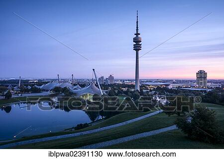 Stock Image - "Olympic site, Olympic Park with the television tower and Olympic Lake, Munich, Bavaria, Germany, Europe, PublicGround, Europe". Fotosearch