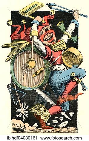 Stock Image - "One-Man Band, caricature, 1882, by Alphonse Hector Colomb pseudonym B. Moloch, a French caricaturist". Fotosearch