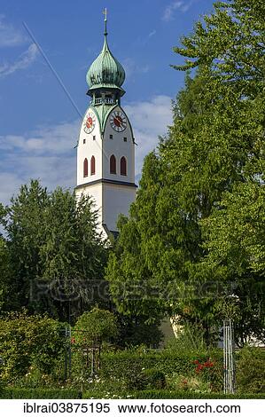 Stock Photography - "Onion tower of the parish church of St. Nicholas, from Riedergarten, Rosenheim, Upper Bavaria, Bavaria, Germany, Europe". Fotosearch