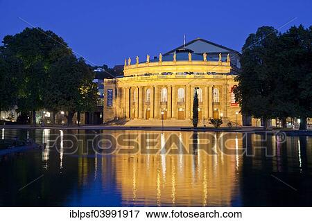 Stock Photo - "Opera House, Staatstheater, Stuttgart State Theatre, in Schlossgarten park at night, Stuttgart, Baden-Wurttemberg, Germany, Europe". Fotosearch