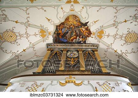 Picture - "Organ and ceiling fresco in the Parish Church and Pilgrimage Church of the Assumption of Mary, Grossgmain, Salzburg State, Austria, Europe". Fotosearch