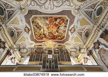 Stock Photo - "Organ and ceiling, Upper Church by Giovanni Antonio Viscardi, Burgersaal, Munich, Upper Bavaria, Bavaria, Germany, Europe". Fotosearch