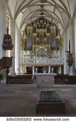 Stock Image - "Organ and tomb slab in Merseburg Cathedral, Merseburg, Saxony-Anhalt, Germany, Europe". Fotosearch