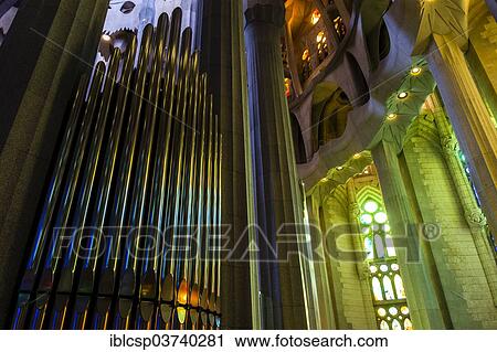 Stock Image - "Organ inside the Sagrada Familia, or Basilica i Temple Expiatori de la Sagrada Familia, Basilica and Expiatory Church of the Holy Family, by architect Antoni Gaudi, Barcelona, Catalonia, Spain, Europe". Fotosearch