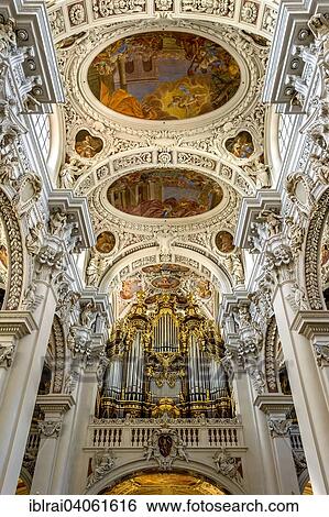 Stock Photograph - "Organ, stucco and frescoes in the nave, baroque St. Stephen's Cathedral, Passau, Lower Bavaria, Bavaria, Germany, Europe". Fotosearch
