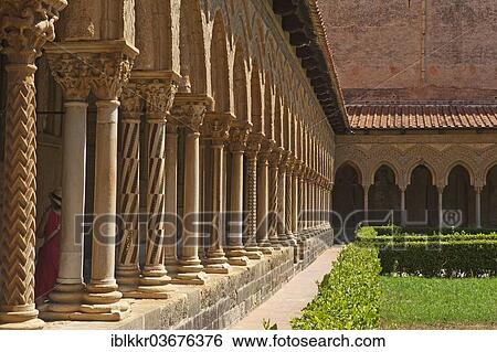 Stock Photograph - "Ornate columns of the cloister, Monreale Cathedral or Cathedral of Santa Maria Nuova, Monreale, Sicily, Italy, Europe". Fotosearch
