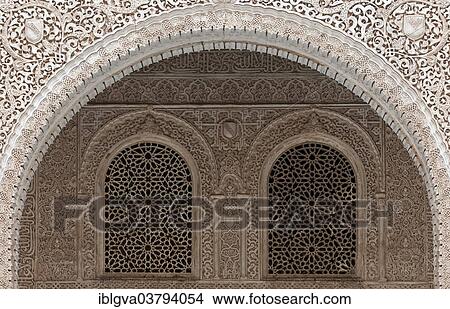"Ornate Moorish reliefs decorating the wall and the window arches in the Nasrid Palace, Alhambra, UNESCO World Heritage Site, Granada, Andalusia, Spain, Europe" View Large Photo Image Picture - "Ornate Moorish reliefs decorating the wall and the window arches in the Nasrid Palace, Alhambra, UNESCO World Heritage Site, Granada, Andalusia, Spain, Europe". Fotosearch