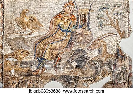 Stock Photo - "Orpheus playing a cithara surrounded by animals, Mosaic from Tarsus, 3rd cent. A. C., Hatay Archaeology Museum, Antakya, Hatay Province, Turkey, Asia". Fotosearch