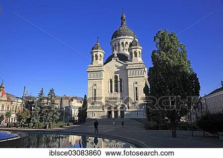 Stock Image - "Orthodox Cathedral on Piata Avram Iancu or Avram Iancu Square, Cluj-Napoca, Klausenburg, Cluj, Siebenburgen, Romania, Europe". Fotosearch
