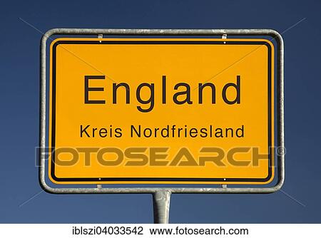 Stock Image - "Ortseingangsschild of the town England, North Friesland, Schleswig-Holstein, Germany, Europe". Fotosearch