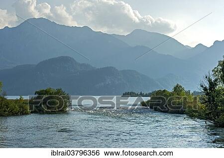 Stock Photograph - "Outlet of the Loisach river from Lake Kochel, in Kochel am See, Upper Bavaria, Bavaria, Germany, Europe". Fotosearch
