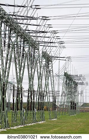 Stock Image - "Overhead lines at the substation of Vieselbach, Erfurt-Vieselbach, Thuringia, Germany, Europe". Fotosearch
