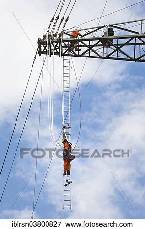 "Overhead transmission cable installers installing insulated cable on the cross arm of a newly built high-voltage transmission mast, Monchenholzhausen, Thuringia, Germany, Europe" View Large Photo Image Stock Photo - "Overhead transmission cable installers installing insulated cable on the cross arm of a newly built high-voltage transmission mast, Monchenholzhausen, Thuringia, Germany, Europe". Fotosearch
