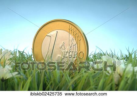 Stock Photography - Oversized euro coin in the grass. Fotosearch