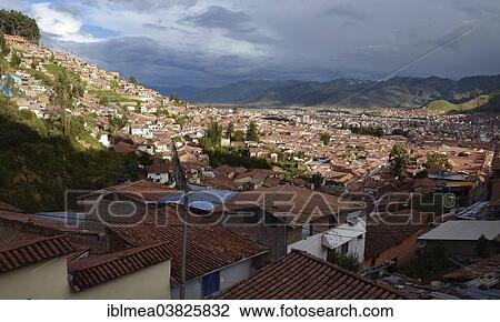 Stock Image - "Overview of the tourist-oriented historic town centre of Cusco, Peru, South America". Fotosearch