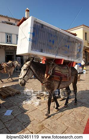 "Pack pony moving a fridge, on Hydra, Saronic Islands, Greece, Europe" View Large Photo Image Stock Photo - "Pack pony moving a fridge, on Hydra, Saronic Islands, Greece, Europe". Fotosearch