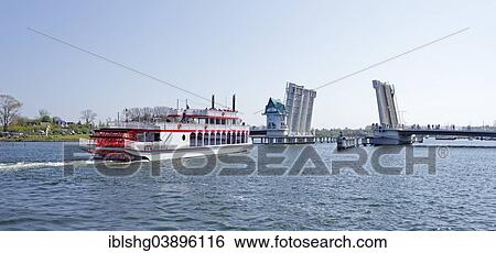 "Paddle steamer """"Schlei Princess"""", approaching an open drawbridge, Kappeln, Ostseefjord Schlei, a narrow inlet of the Baltic Sea, Schleswig-Holstein, Germany, Europe" View Large Photo Image Stock Photograph - "Paddle steamer """"Schlei Princess"""", approaching an open drawbridge, Kappeln, Ostseefjord Schlei, a narrow inlet of the Baltic Sea, Schleswig-Holstein, Germany, Europe". Fotosearch