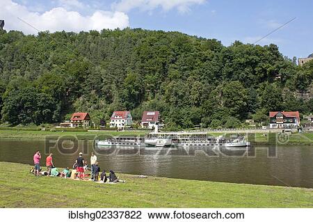 Stock Image - "Paddlewheeler, health resort of Rathen, Saxon Switzerland, Saxony, Germany, Europe". Fotosearch