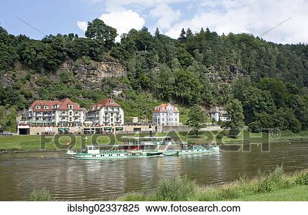 Stock Photography - "Paddlewheeler, health resort of Rathen, Saxon Switzerland, Saxony, Germany, Europe". Fotosearch