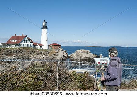 "Painter painting a lighthouse, Portland Head Light, Cape Elizabeth, Portland, Maine, New England, USA" View Large Photo Image Stock Photograph - "Painter painting a lighthouse, Portland Head Light, Cape Elizabeth, Portland, Maine, New England, USA". Fotosearch