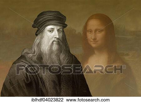 Stock Image - "Painting Mona Lisa, in front Leonardo da Vinci, Italian painter, sculptor, architect, engineer, historical illustration". Fotosearch