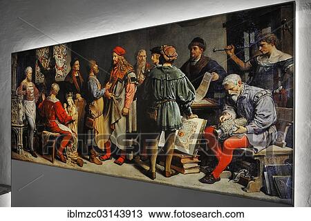 Stock Image - "Painting of famous Nuremberg artists by Friedrich Wilhelm Wanderer, 1840 - 1910, as a large light panel, Albrecht Duerer House, historic center, Nuremberg, Middle Franconia, Bavaria, Germany, Europe". Fotosearch