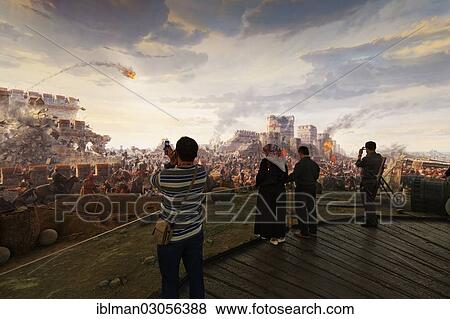 Stock Photo - "Painting of the conquest of Constantinople in 1453 by the Ottomans under Sultan Fatih Sultan Mehmed, Museum Panorama 1453 in Topkapi city park, Stadtteil Zeytinburnu, Istanbul, European side, Istanbul Province, Turkey, European side, Europe". Fotosearch