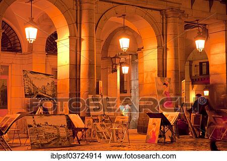 "Paintings on Plaza Mayor square at night, Madrid, Spain, Europe" View Large Photo Image Picture - "Paintings on Plaza Mayor square at night, Madrid, Spain, Europe". Fotosearch