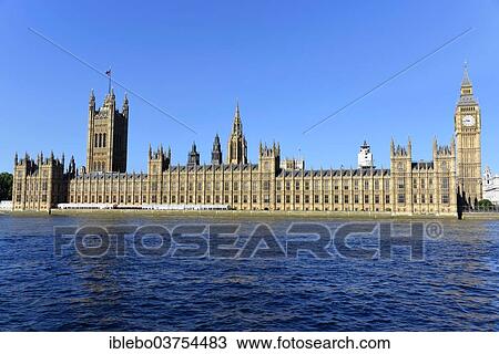 Stock Image - "Palace of Westminster or Houses of Parliament, with the Victoria Tower, on the River Thames in morning light, City of London, London region, England, United Kingdom, Europe". Fotosearch