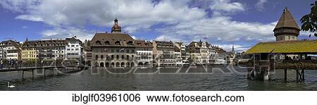"Panorama of Reuss promenade with Pfister Guildhall, Town Hall, Kapellbrucke bridge, Lucerne, Switzerland, Europe" View Large Photo Image Stock Photograph - "Panorama of Reuss promenade with Pfister Guildhall, Town Hall, Kapellbrucke bridge, Lucerne, Switzerland, Europe". Fotosearch