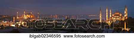 Stock Photography - "Panorama over the Bosphorus, the Blue Mosque and the Hagia Sophia museum at night, Istanbul, Turkey, Asia". Fotosearch