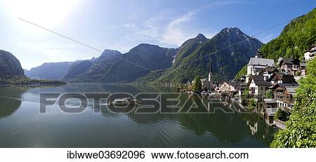 Stock Photograph - "Panorama, passenger ship, Lake Hallstatt, Hallstatt, Salzkammergut, Austria, Europe". Fotosearch