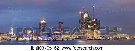 Stock Image - "Panorama with Elbe Philharmonic Hall and St. Pauli Landing Bridges, Hamburg, Hamburg, Germany, Europe". Fotosearch