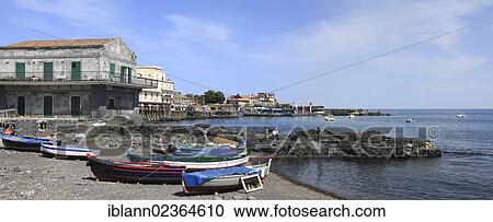 Stock Image - "Panoramic view, fishing village of capa Mulini, Acireale, Sicily, Italy, Europe". Fotosearch