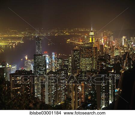 Picture - "Panoramic view from Victoria Peak over Central, night scene, Hong Kong Island, Central District, Hong Kong, Hong Kong Island, Hong kong, China, People's Republic of China, Asia". Fotosearch