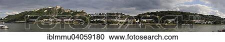 Stock Image - "Panoramic view of Ehrenbreitstein Fortress from Koblenz across the Rhine, Koblenz, Rhineland-Palatinate, Germany, Europe". Fotosearch