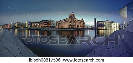 Stock Photograph - "Panoramic view of Spreebogen, the loop of the Spree River, Reichstag building, Marie-Elisabeth-Luders-Haus, Paul-Lobe-Haus, at dusk, Berlin, Germany, Europe". Fotosearch
