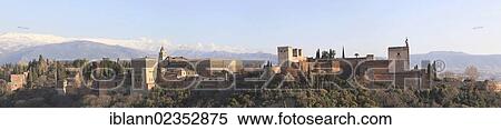 "Panoramic view of the Alhambra from the Sabikah Hill in the evening light in front of the snow-covered Sierra Nevada range, Granada, Andalusia, Spain, Europe" View Large Photo Image Stock Photography - "Panoramic view of the Alhambra from the Sabikah Hill in the evening light in front of the snow-covered Sierra Nevada range, Granada, Andalusia, Spain, Europe". Fotosearch