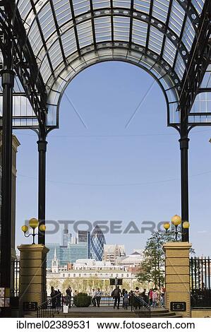 Stock Image - "Panoramic view of the City of London from Hay's Galleria, Jubilee Walk, Southwark, London, England, United Kingdom, Europe". Fotosearch