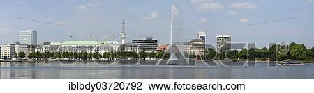 "Panoramic view of the Inner Alster Lake with Alster Fountain, the street of Neuer Jungfernstieg, Hotel Vier Jahreszeiten or Four Seasons Hotel and the television tower at the rear, Hamburg, Hamburg, Germany, Europe" View Large Photo Image Stock Image - "Panoramic view of the Inner Alster Lake with Alster Fountain, the street of Neuer Jungfernstieg, Hotel Vier Jahreszeiten or Four Seasons Hotel and the television tower at the rear, Hamburg, Hamburg, Germany, Europe". Fotosearch