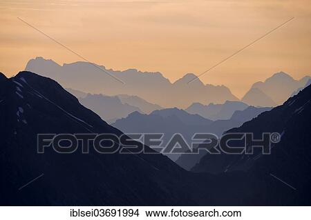 Picture - "Panoramic view of the mountains at sunrise, Lech valley, Kaisers, Reutte District, Tyrol, Austria, Europe". Fotosearch