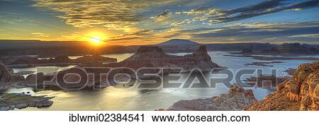 Stock Image - "Panoramic view, view at sunrise from Alstrom Point to Lake Powell, Padre Bay with Gunsight Butte and Navajo Mountain, Bigwater, Glen Canyon National Recreation Area, Arizona, Southwestern USA, Utah, USA". Fotosearch