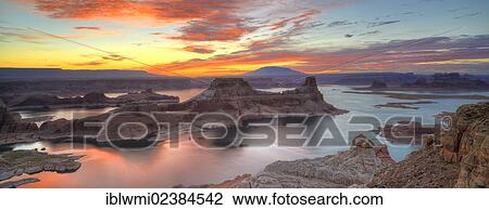 Stock Image - "Panoramic view, view at sunrise from Alstrom Point to Lake Powell, Padre Bay with Gunsight Butte and Navajo Mountain, Bigwater, Glen Canyon National Recreation Area, Arizona, Southwestern USA, Utah, USA". Fotosearch