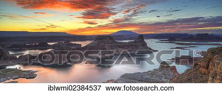 Stock Photo - "Panoramic view, view at sunrise from Alstrom Point to Lake Powell, Padre Bay with Gunsight Butte and Navajo Mountain, Bigwater, Glen Canyon National Recreation Area, Arizona, Southwestern USA, Utah, USA". Fotosearch