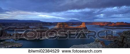 Stock Photo - "Panoramic view, view at sunset from Alstrom Point to Lake Powell, Padre Bay with Gunsight Butte and Navajo Mountain, Bigwater, Glen Canyon National Recreation Area, Arizona, Southwestern USA, Utah, USA". Fotosearch