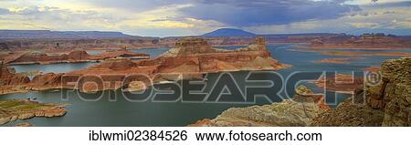 Stock Photograph - "Panoramic view, view at sunset from Alstrom Point to Lake Powell, Padre Bay with Gunsight Butte and Navajo Mountain, Bigwater, Glen Canyon National Recreation Area, Arizona, Southwestern USA, Utah, USA". Fotosearch