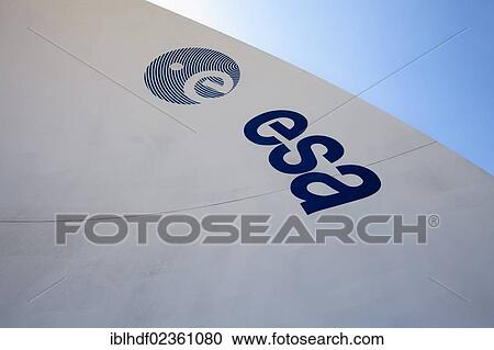 Stock Image - "Parabolic antenna of the European Communications Satellite, ECS, for communications satellites operated by Eutelsat, 1980s, with the logo of the ESA, European Space Agency, Euro Space Center, Transinne, Belgium, Europe". Fotosearch