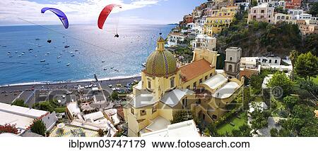 "Paraglider over town of Positano, Amalfi Coast, Campania, Italy, Europe" View Large Photo Image Stock Photo - "Paraglider over town of Positano, Amalfi Coast, Campania, Italy, Europe". Fotosearch