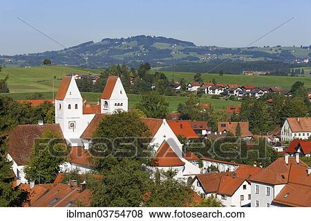 Stock Photo - "Parish Church of St. John the Baptist, in front of Auersberg Mountain, Steingaden, Pfaffenwinkel region, Upper Bavaria, Bavaria, Germany, Europe". Fotosearch