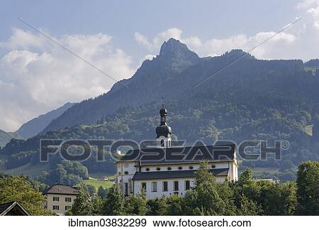 Stock Photo - "Parish Church of the Nativity of Mary, Tschagguns, Tschaggunser Mittagsspitze, Montafon, Vorarlberg, Austria, Europe". Fotosearch